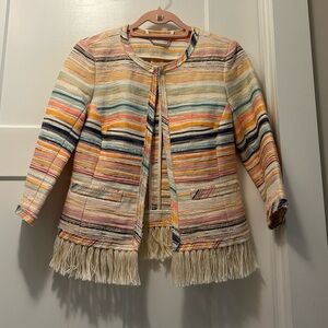 Trina Turk Multicolor Striped Fringe Tweed Jacket - Cream, Pink, Yellow, Blue